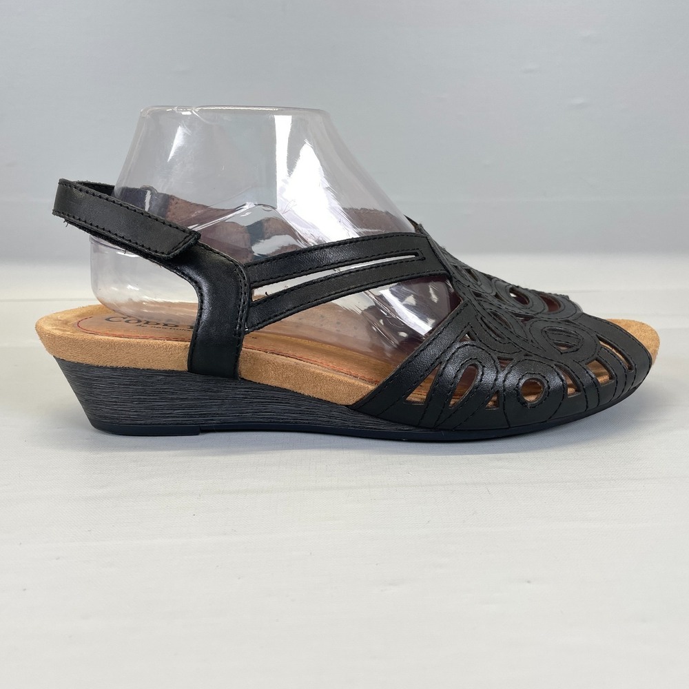 Cobb Hill Helen Wedge Sandals Womens Size 9.5 M Black Leather Slingback Shoes